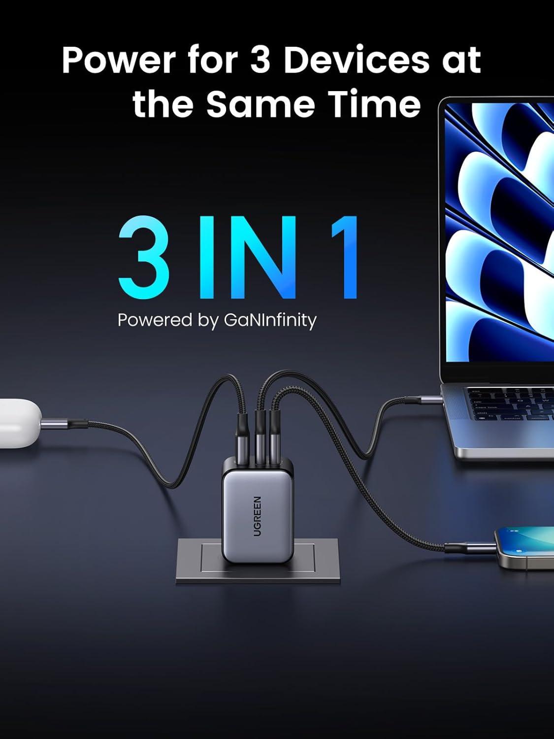 imageUGREEN Nexode X 65W GaN USB C Wall Charger 3Port PPS Ultra Compact Foldable Fast Charger for MacBook ProAir iPhone 171615 Series Galaxy S25S24 Pixel 109 iPad Pro Steam Deck