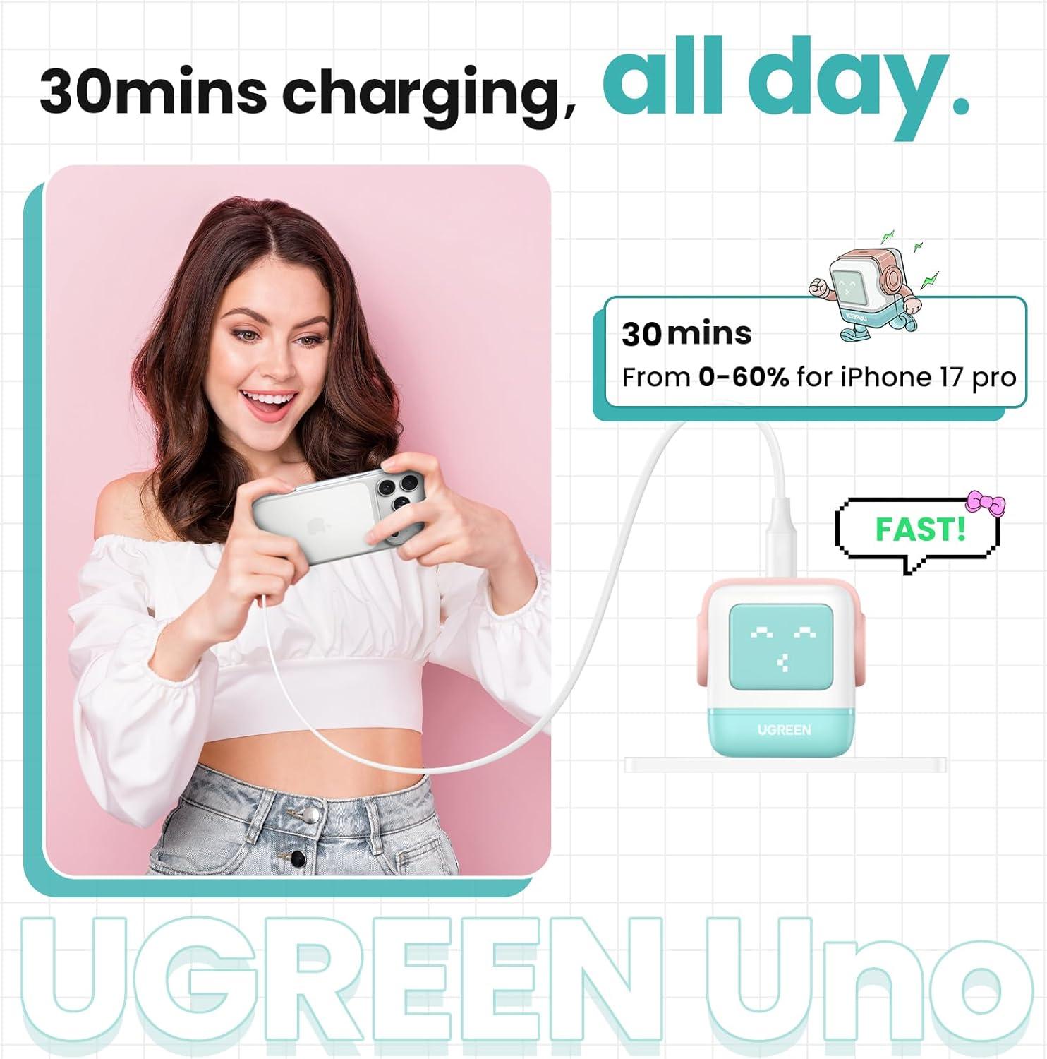 imageUGREEN Uno 30W USB C Charger Block Compact Nexode Robot GaN Fast Charger for iPhone 17161514 Galaxy S25S24S23 Pixel 10987 MacBook Air iPad Pro Pink Blue