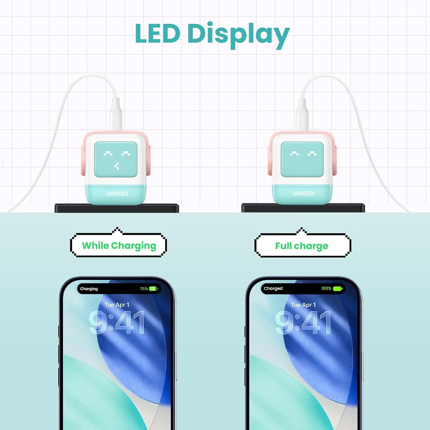 imageUGREEN Uno 30W USB C Charger Block Compact Nexode Robot GaN Fast Charger for iPhone 17161514 Galaxy S25S24S23 Pixel 10987 MacBook Air iPad Pro Pink Blue