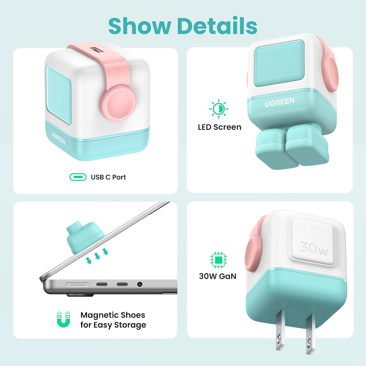 imageUGREEN Uno 30W USB C Charger Block Compact Nexode Robot GaN Fast Charger for iPhone 17161514 Galaxy S25S24S23 Pixel 10987 MacBook Air iPad Pro Pink Blue
