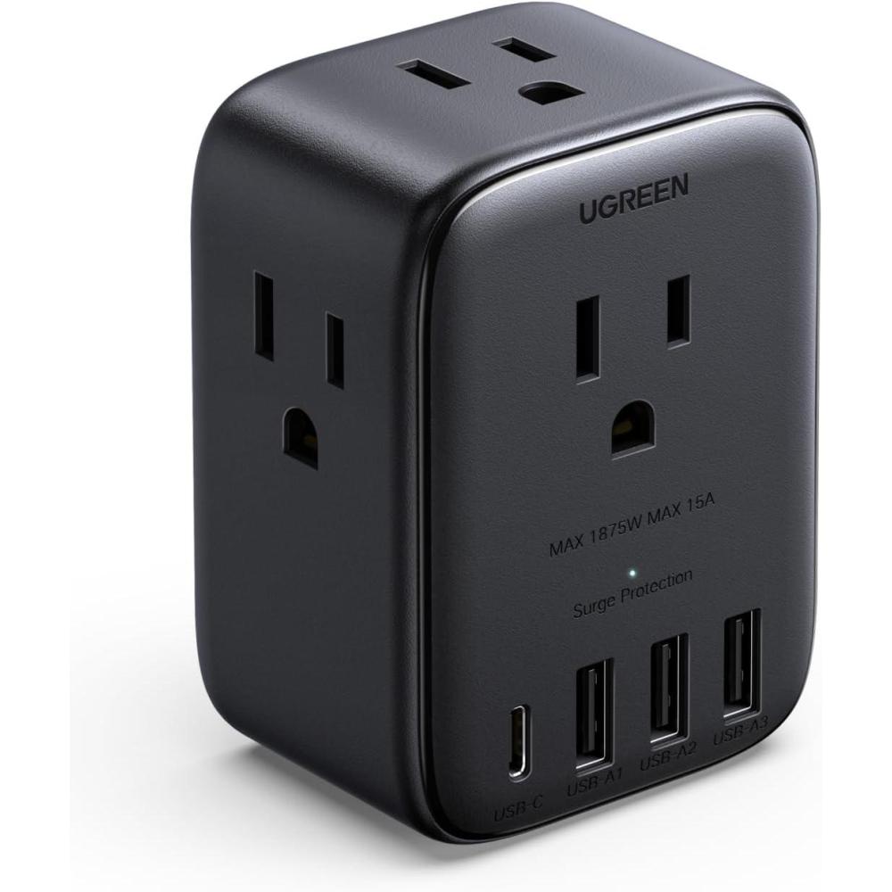 imageUGREEN Multi Plug Outlet Extender with Surge Protection Compact 4Sided 8Port Design GaN Power Strip with 20W PD Charging for iPhone iPad Series College DormOfficeHomeTravel Essentials 2025