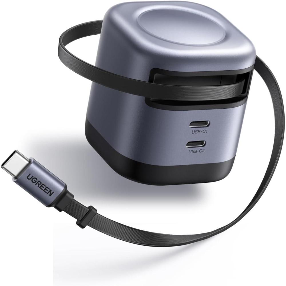 imageUGREEN Nexode Retractable 45W GaN Charger for iPhone 17 3Port USB C Fast Charger with 226ft Cable for iPhone 1716151413 Series Samsung Galaxy S2524 Ultra Pixel iPad Space Grey