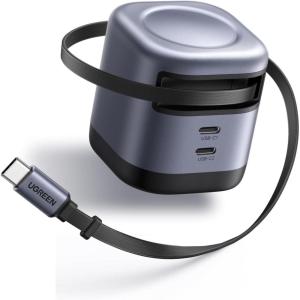 UGREEN Nexode Retractable 45W GaN Charger for iPhone 17, 3-Port USB C Fast Charger with 2.26ft Cable for iPhone 17/16/15/14/13 Series, Samsung Galaxy S25/24 Ultra, Pixel, iPad, Space Grey