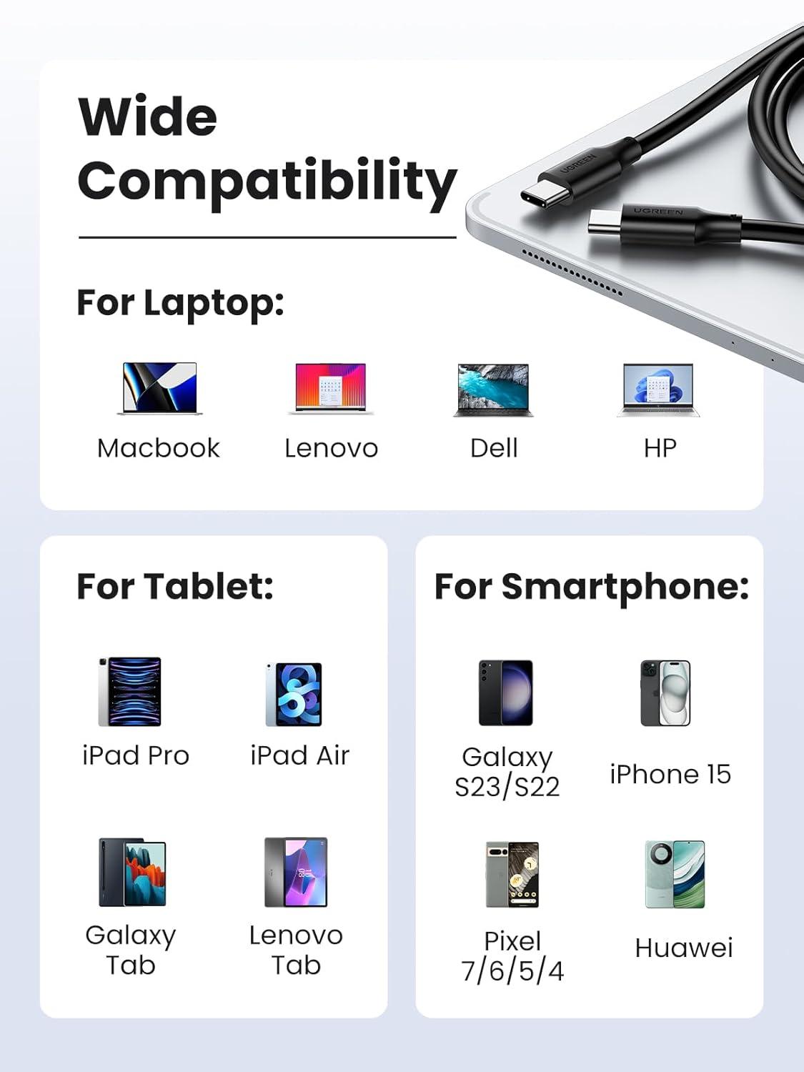 imageUGREEN 100W 3Pack USB C Cable Fast Charging USBC Charger Cable Compatible with iPhone 1717 Air17 Pro17 Pro Max16 MacBook Pro 2022 iPad Pro 2022 Galaxy S25S24 Ultra Pixel 66FT