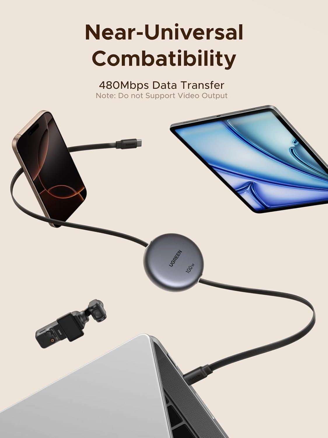 imageUGREEN 100W Nexode Retractable USB C Cable Type C Cord USB C Charger Cable for iPhone 171615 MacBook ProAir Galaxy S25S24S23 iPad ProAir Pixel 109 Switch AirPods Black 33FTBlack