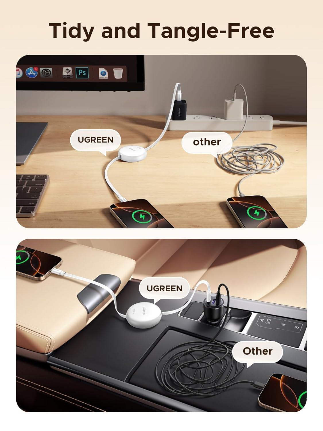 imageUGREEN 100W Nexode Retractable USB C Cable Type C Cord USB C Charger Cable for iPhone 171615 MacBook ProAir Galaxy S25S24S23 iPad ProAir Pixel 109 Switch AirPods Black 33FTWhite