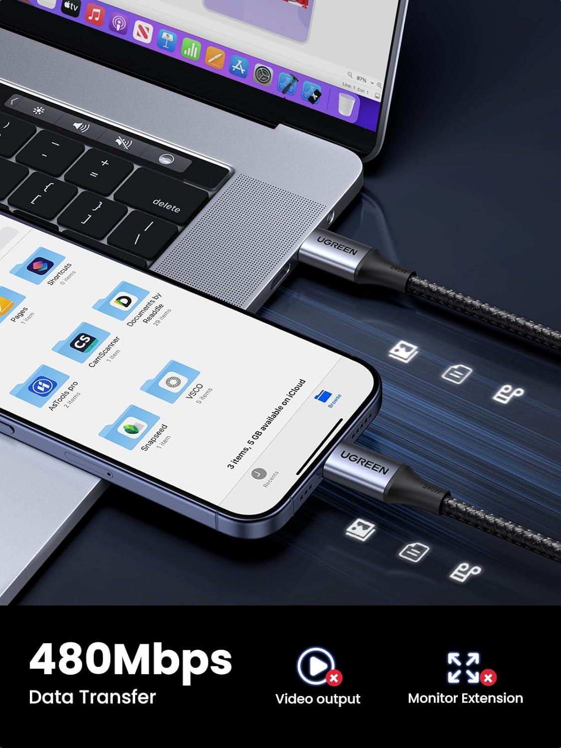imageUGREEN 240W USB C to USB C Cable Fast Charging USB C Cable for iPhone 17 Pro Max16 Samsung Galaxy S25S24 MacBook ProAir iPad ProAirMini Dell XPS 66FT33FT