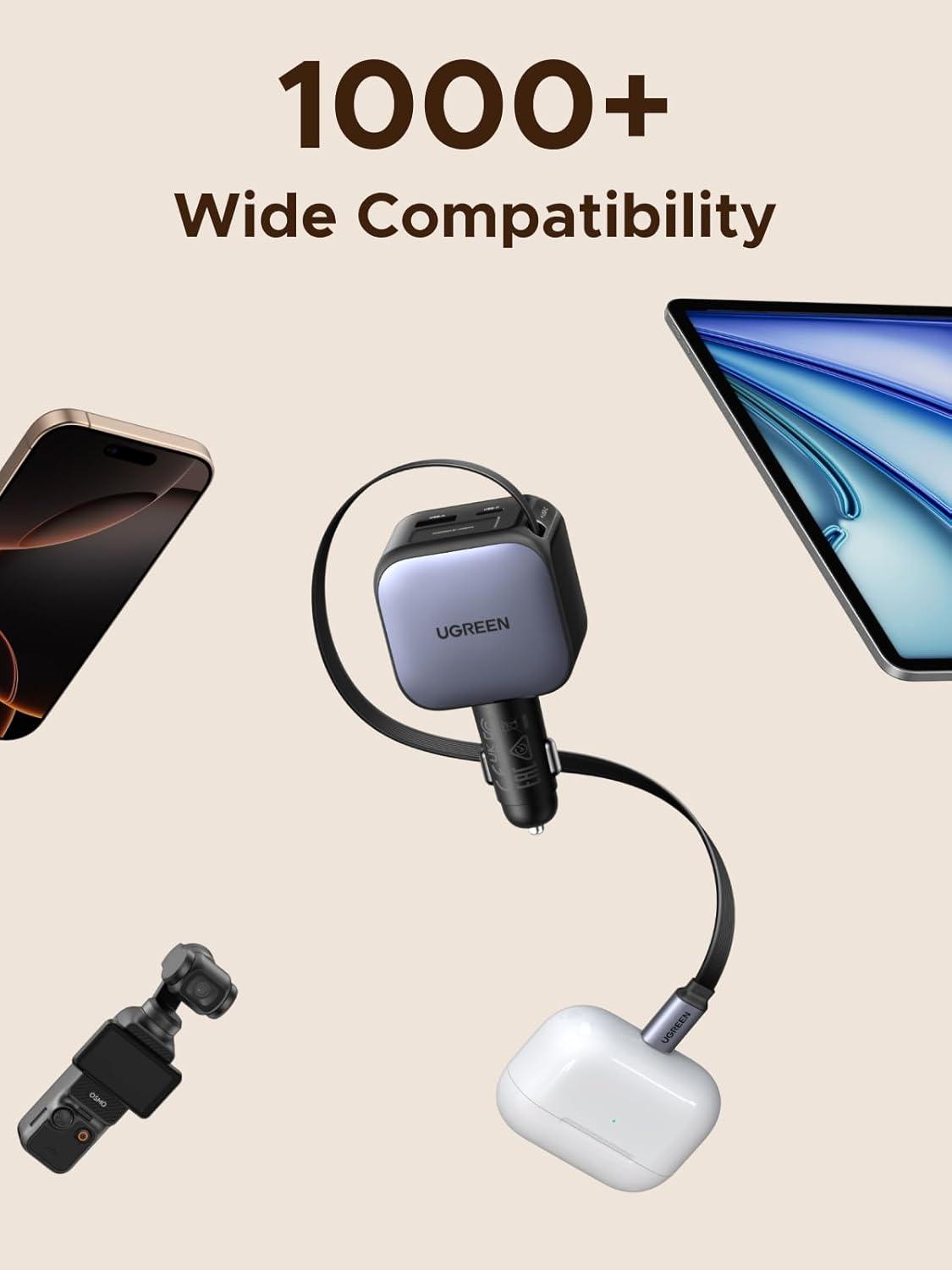 imageUGREEN 60W 2C1A Car Charger with Retractable Cable 3Port Fast Charger with 30W PD USBC USBA Cigarette Lighter Adapter for iPhone 171615 Galaxy S25S24 iPad GPS 12V Car Accessories