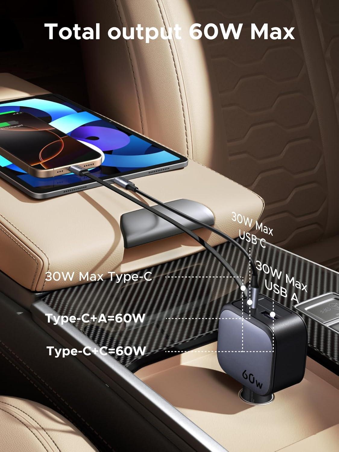 imageUGREEN 60W 2C1A Car Charger with Retractable Cable 3Port Fast Charger with 30W PD USBC USBA Cigarette Lighter Adapter for iPhone 171615 Galaxy S25S24 iPad GPS 12V Car Accessories