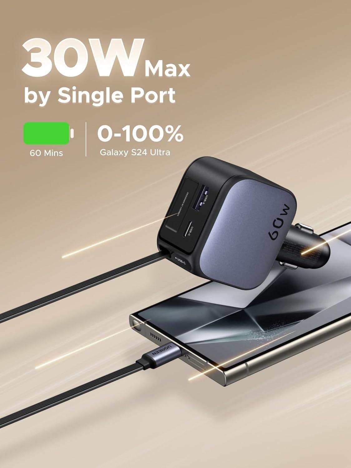 imageUGREEN 60W 2C1A Car Charger with Retractable Cable 3Port Fast Charger with 30W PD USBC USBA Cigarette Lighter Adapter for iPhone 171615 Galaxy S25S24 iPad GPS 12V Car Accessories