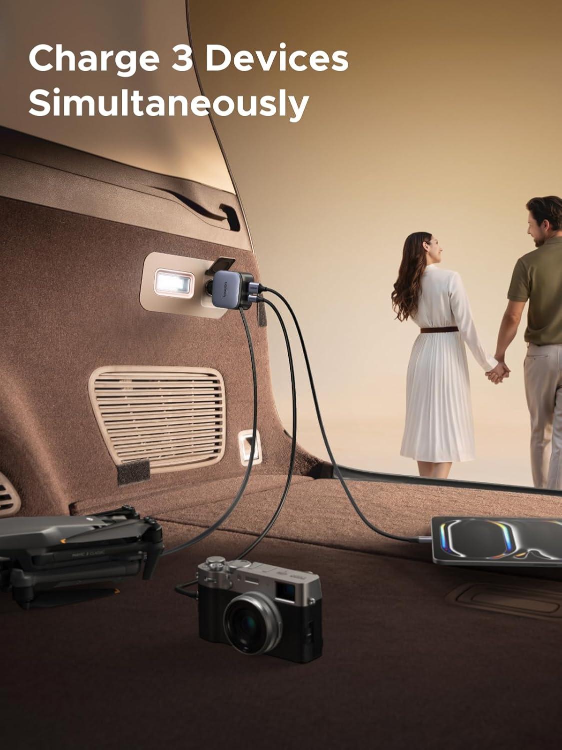 imageUGREEN 60W 2C1A Car Charger with Retractable Cable 3Port Fast Charger with 30W PD USBC USBA Cigarette Lighter Adapter for iPhone 171615 Galaxy S25S24 iPad GPS 12V Car Accessories