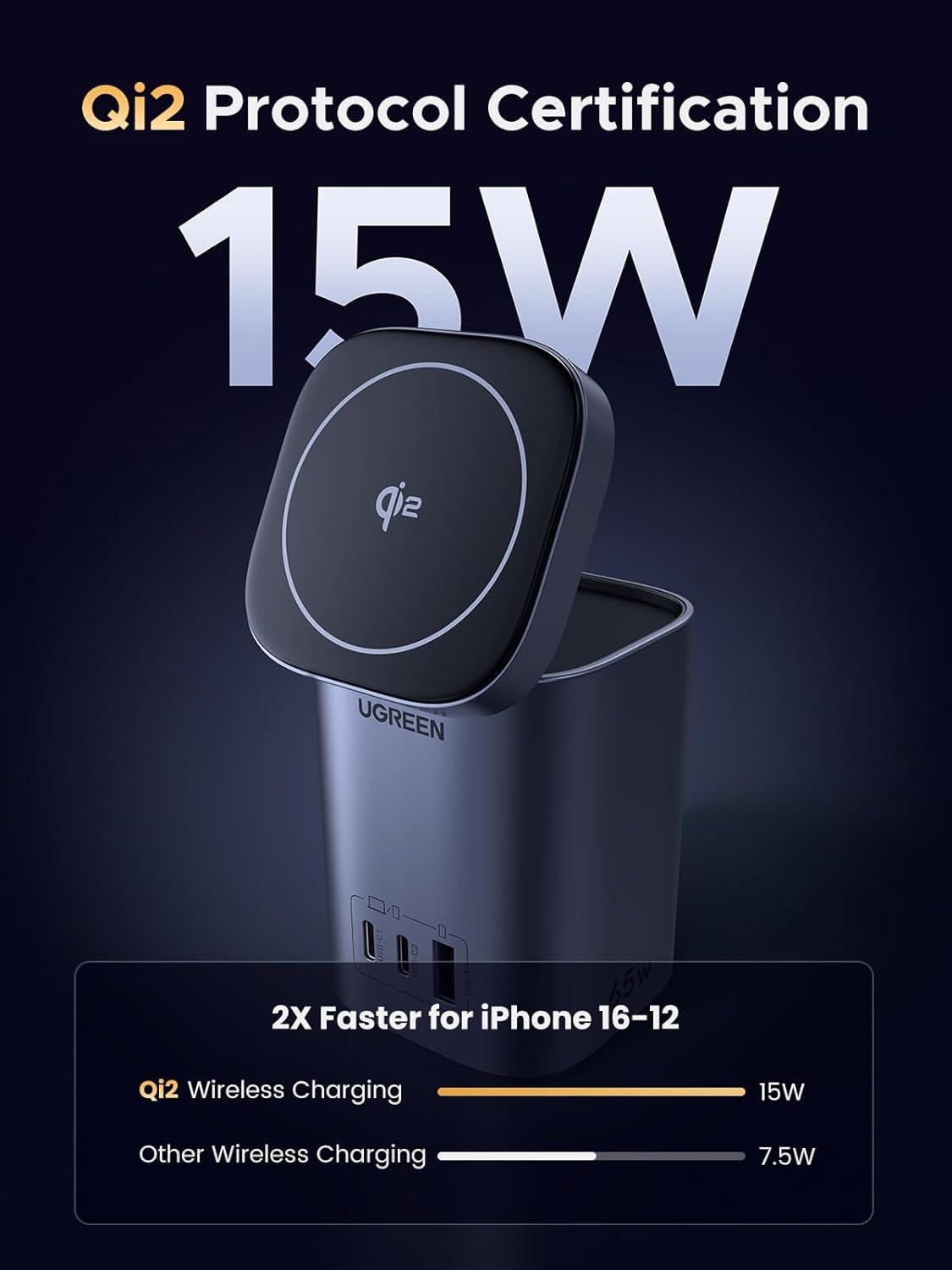 imageUGREEN Nexode 65W GaN USB C Charging Station Stand Foldable 3Port Desktop Charger with 15W Qi2 MagSafe Wireless Charging Stand for iPhone 171615141312 Galaxy S25S24 Pixel 109 iPad Air