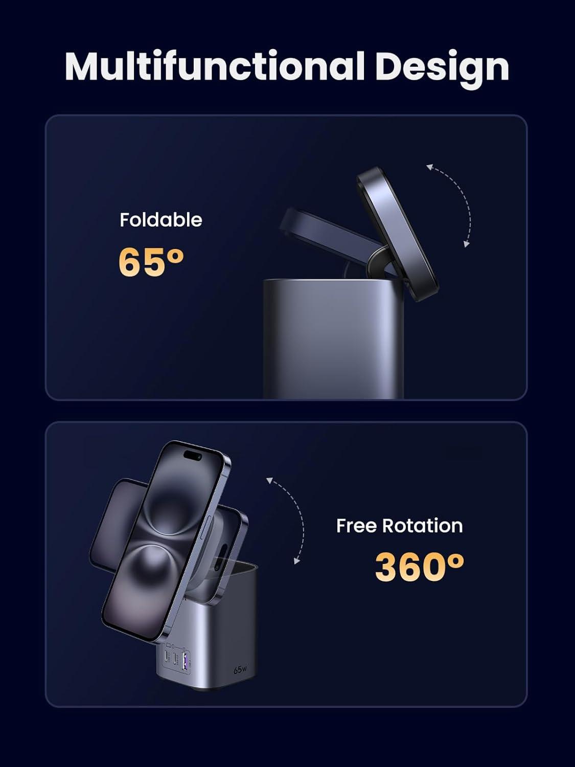 imageUGREEN Nexode 65W GaN USB C Charging Station Stand Foldable 3Port Desktop Charger with 15W Qi2 MagSafe Wireless Charging Stand for iPhone 171615141312 Galaxy S25S24 Pixel 109 iPad Air