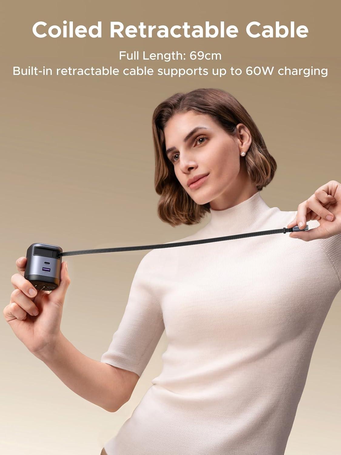 imageUGREEN Nexode 65W GaN USB C Retractable Charger with Builtin Cable 2Port Fast Charging Wall Adapter for iPhone 171615 Galaxy S25S24 Pixel 1098 MacBook ProAir iPad AirPods