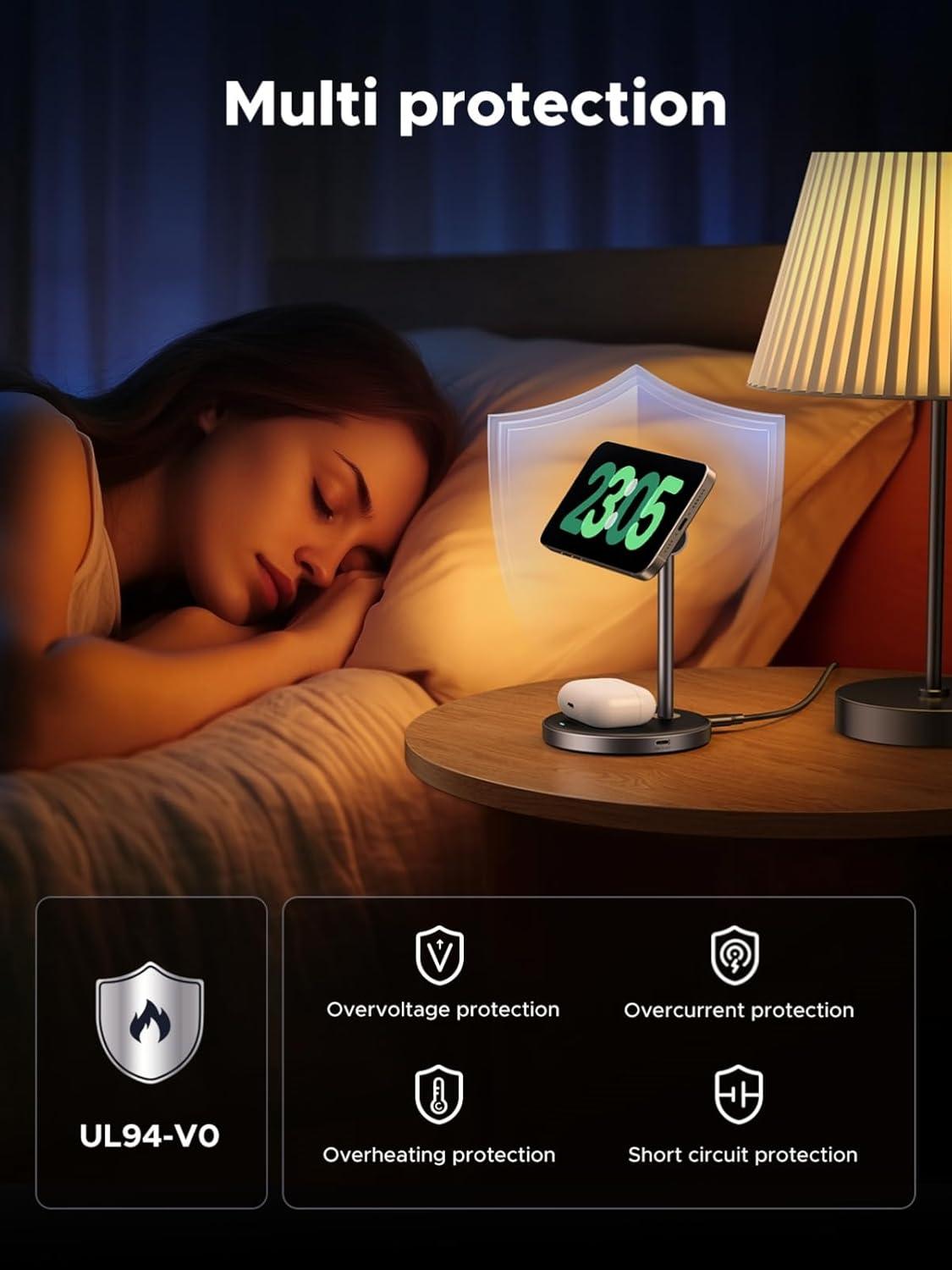 imageUGREEN Qi2 Certified 15W 2in1 Magnetic Wireless Charging Stand Fast Charging Station for iPhone 17 16 15 14 13 12 Series and AirPods MagSafeCompatible Wireless Charger with 3 FT USBC Cable