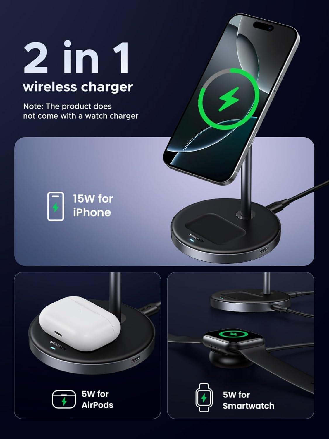 imageUGREEN Qi2 Certified 15W 2in1 Magnetic Wireless Charging Stand Fast Charging Station for iPhone 17 16 15 14 13 12 Series and AirPods MagSafeCompatible Wireless Charger with 3 FT USBC Cable