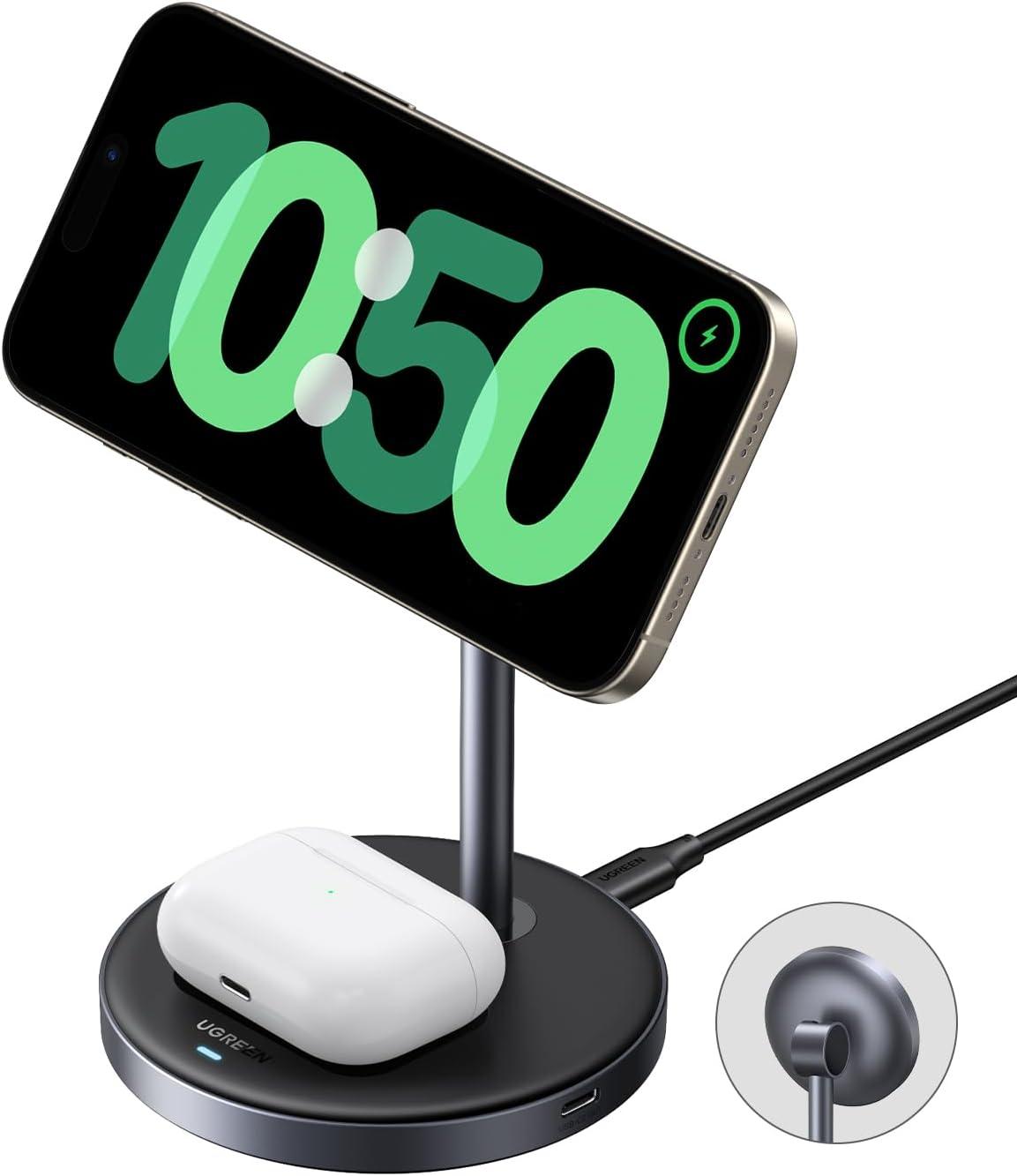 imageUGREEN Qi2 Certified 15W 2in1 Magnetic Wireless Charging Stand Fast Charging Station for iPhone 17 16 15 14 13 12 Series and AirPods MagSafeCompatible Wireless Charger with 3 FT USBC Cable