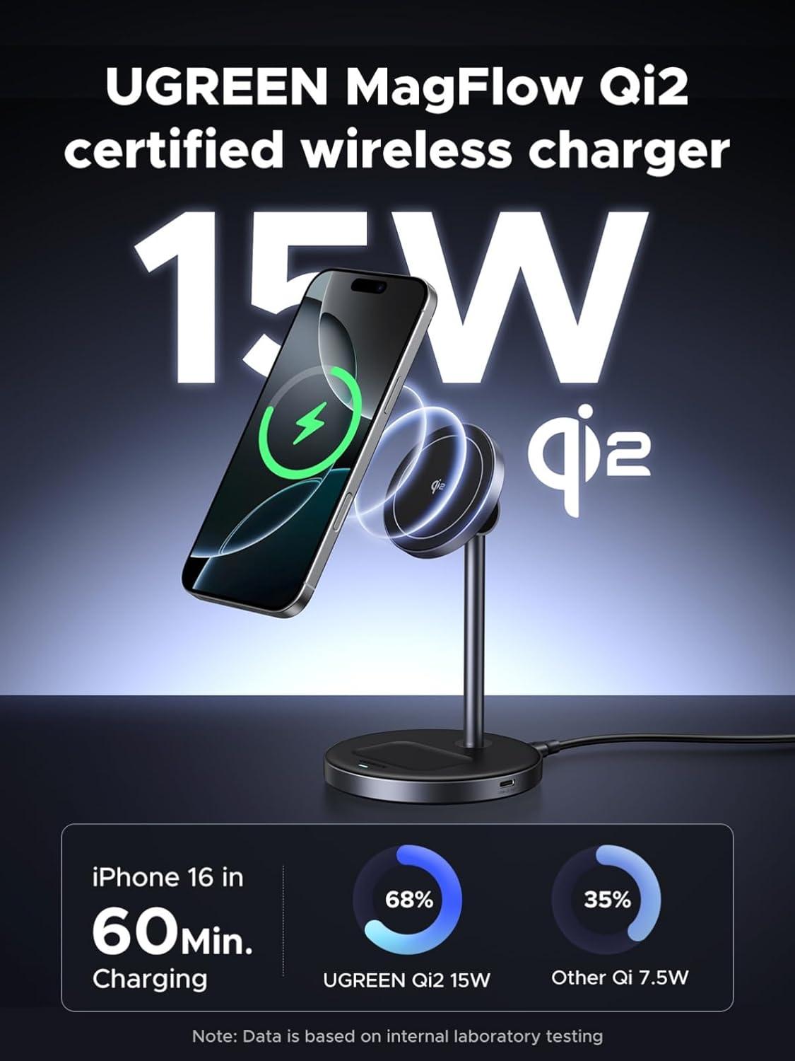imageUGREEN Qi2 Certified 15W 2in1 Magnetic Wireless Charging Stand Fast Charging Station for iPhone 17 16 15 14 13 12 Series and AirPods MagSafeCompatible Wireless Charger with 3 FT USBC Cable