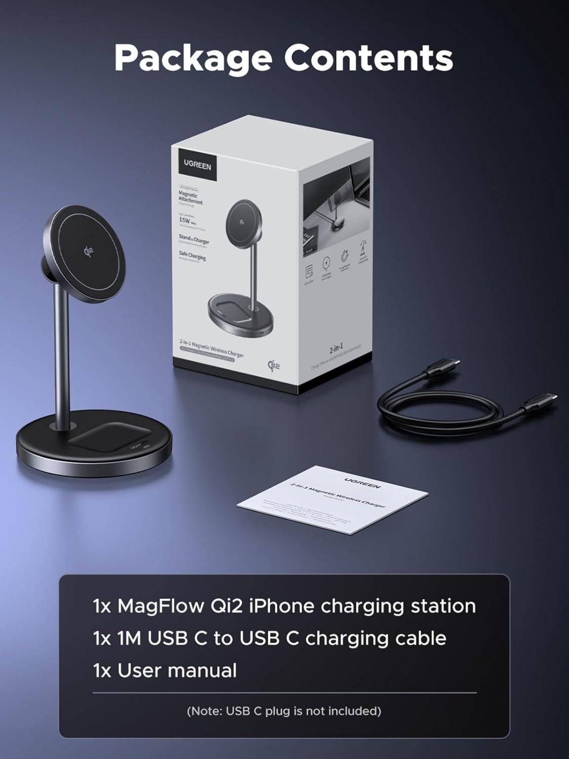 imageUGREEN Qi2 Certified 15W 2in1 Magnetic Wireless Charging Stand Fast Charging Station for iPhone 17 16 15 14 13 12 Series and AirPods MagSafeCompatible Wireless Charger with 3 FT USBC Cable