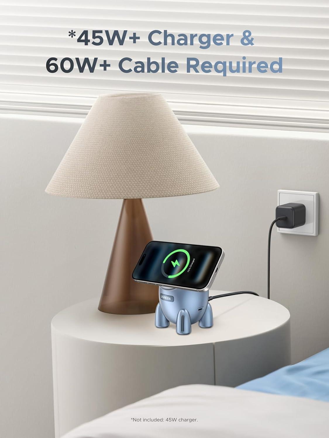 imageUGREEN UNO 25W Rocket Magnetic Wireless Charger 2in1 Magsafe Fast Charging Station with Fun LED Lights and Magnetic Lid Compatible with iPhone 1716151413 Series AirPods 432Pro