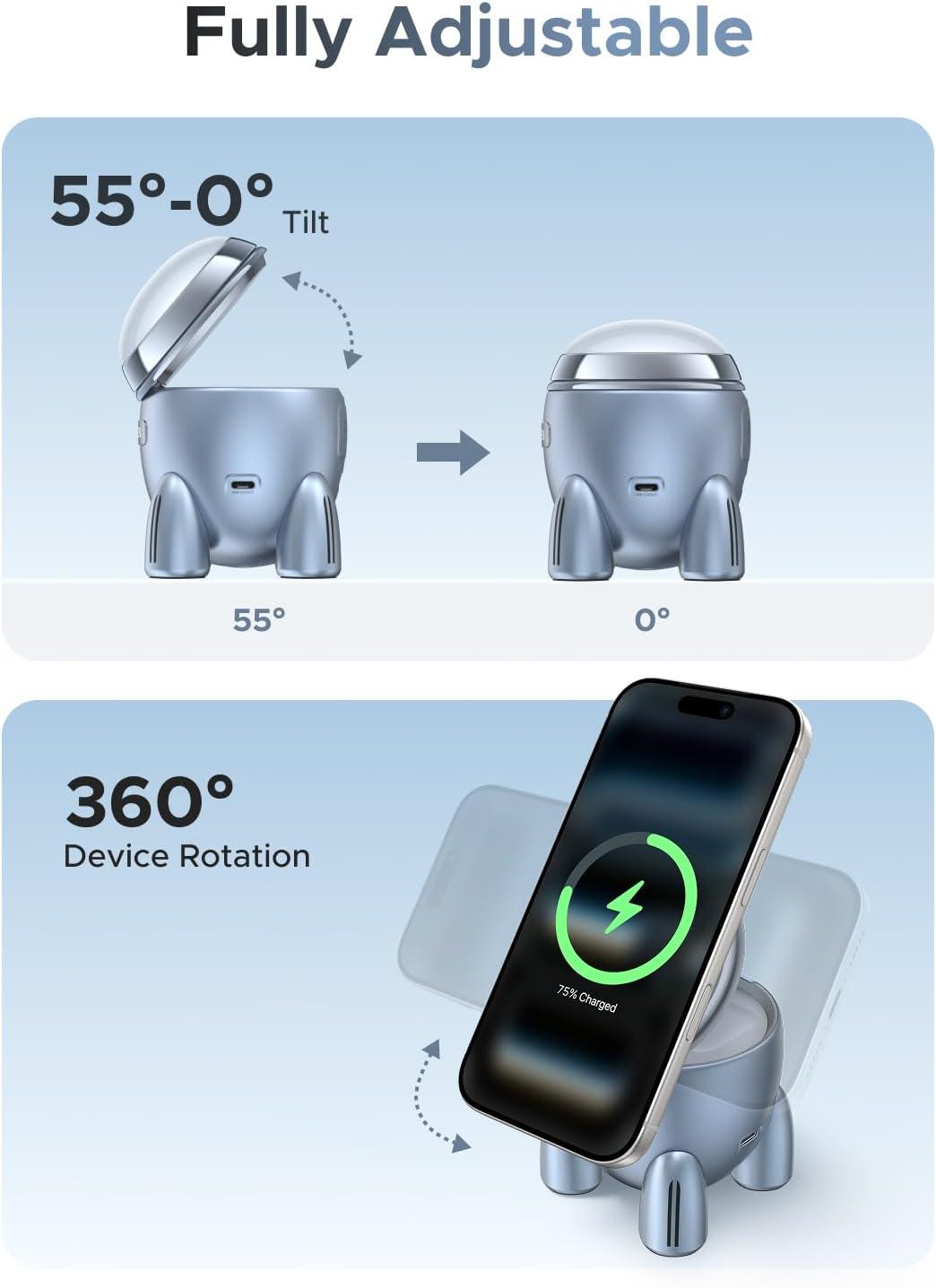 imageUGREEN UNO 25W Rocket Magnetic Wireless Charger 2in1 Magsafe Fast Charging Station with Fun LED Lights and Magnetic Lid Compatible with iPhone 1716151413 Series AirPods 432Pro
