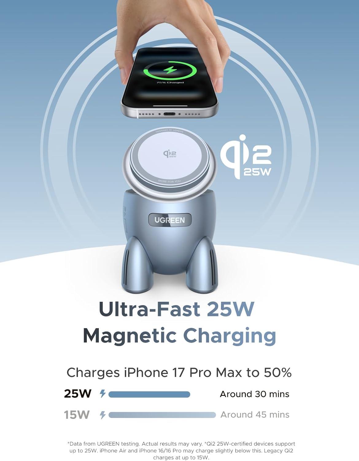 imageUGREEN UNO 25W Rocket Magnetic Wireless Charger 2in1 Magsafe Fast Charging Station with Fun LED Lights and Magnetic Lid Compatible with iPhone 1716151413 Series AirPods 432Pro