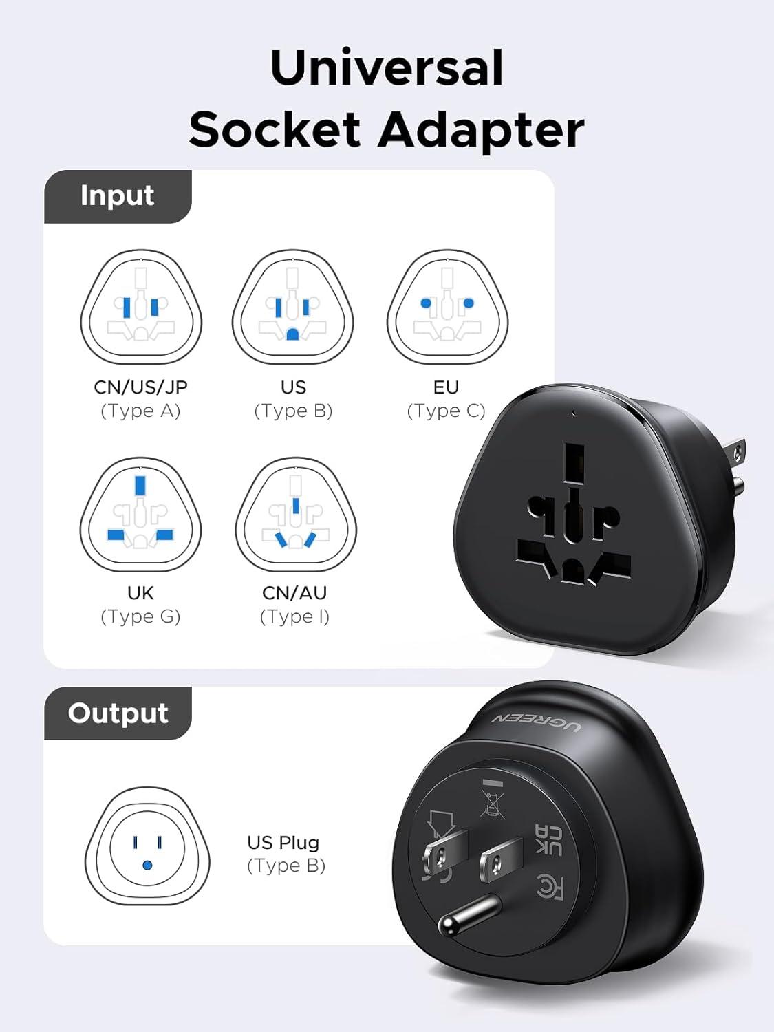 imageUGREEN US Plug Travel Adapter EUUKAUJPCNNZPH to US Type B International to US Pin Converter Power Outlet Charger 200 Countries Compatibility 1 PackUS Plug Type B