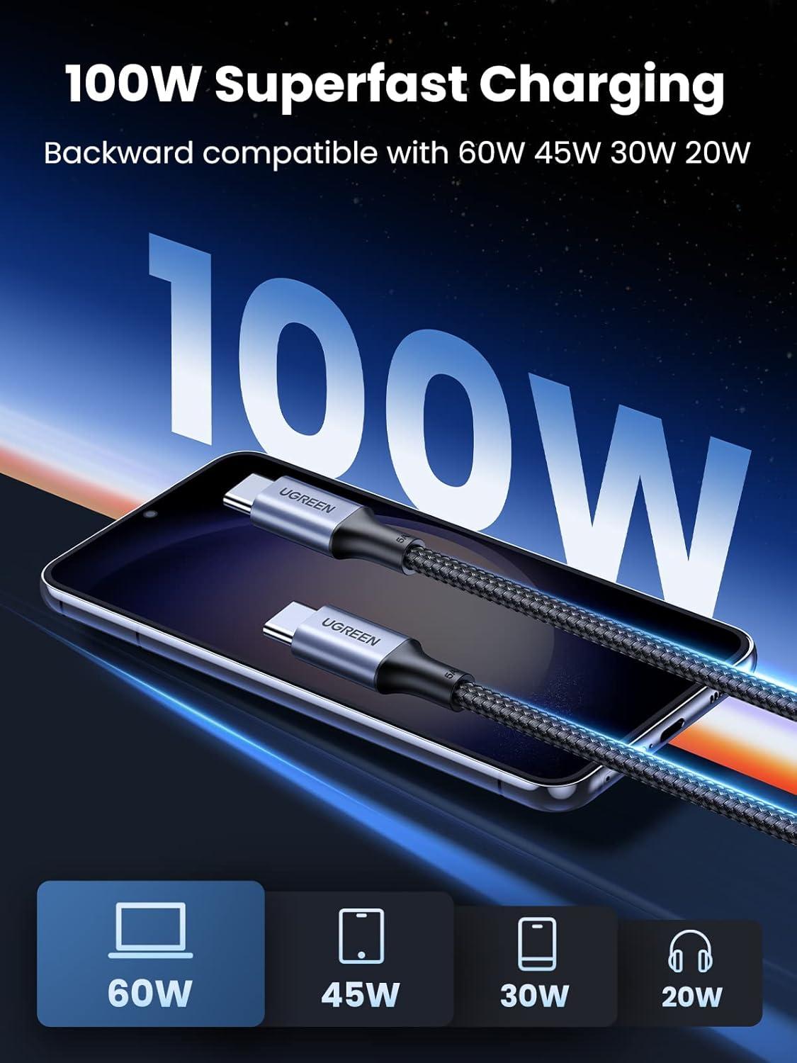 imageUGREEN USB C to USB C Cable 100W 2Pack USB C Charger Cable for iPhone 1717 Air17 Pro17 Pro Max16 MacBook Pro iPad Pro Dell XPS Samsung Galaxy S25S24S23 Ultra Switch Pixel 33FT BlackBlack