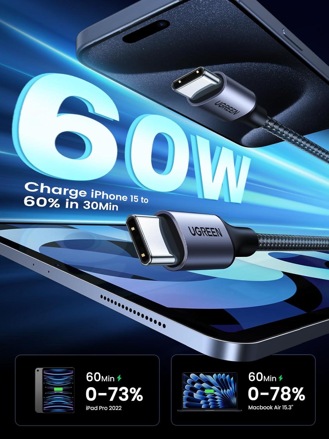 imageUGREEN USB C to USB C Cable 33FT 60W 2Pack USB C Cable Nylon Braided Type C Cord for iPhone 1716 Galaxy S25S24S23 Pixel 109 MacBook AirPro Dell XPS iPad ProMiniAir Switch Steam Deck33FT