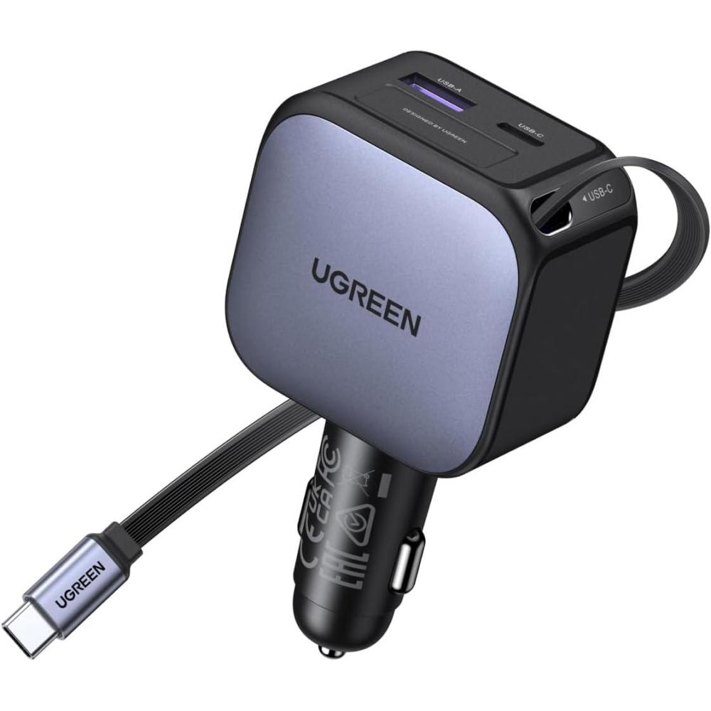 imageUGREEN 90W Retractable Car Charger 3 Port USB C Phone Charger Fast Charging with Type C Cable Cigarette Lighter Adapter Compatible with MacBook iPhone 17 16 15 Pro Max Galaxy S25 S24 Ultra iPad