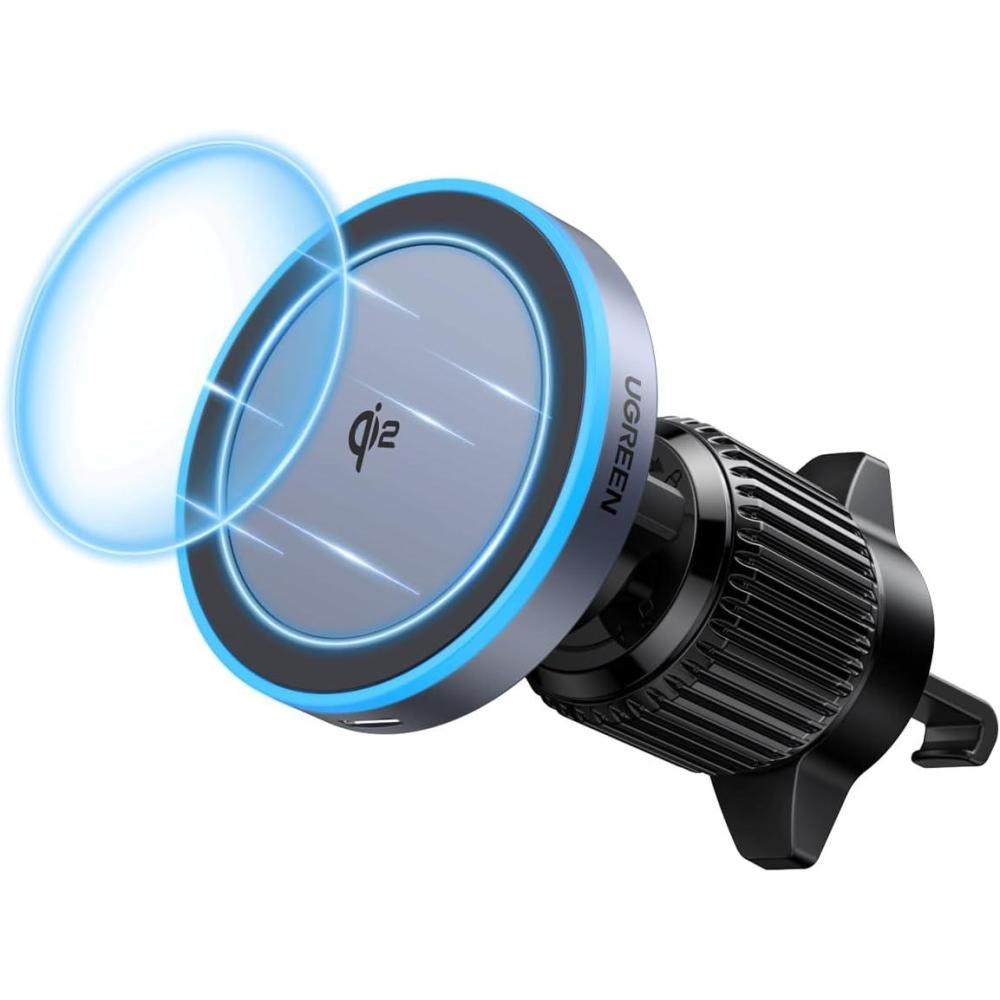 imageUGREEN Qi2 Wireless Car Charger 15W Fast Charging Strong Magnetic Car Phone Holder with LED Light for iPhone 171615141312 Series Car Accessories