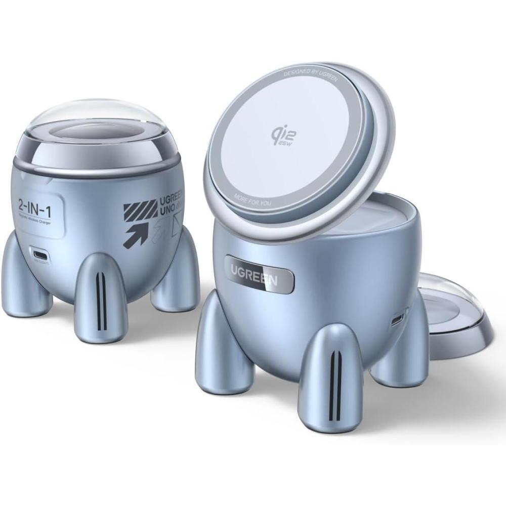 imageUGREEN UNO 25W Rocket Magnetic Wireless Charger 2in1 Magsafe Fast Charging Station with Fun LED Lights and Magnetic Lid Compatible with iPhone 1716151413 Series AirPods 432Pro