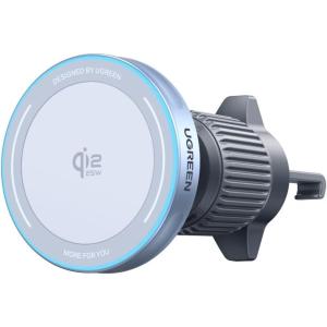 UGREEN 25W MagFlow Wireless Car Charger, MagSafe Qi2 Certified Fast Charging Cradle Mount for iPhone 17/16/15/14/13/12 Series, Air Vent Clip Secure Holder with USB-C Cable