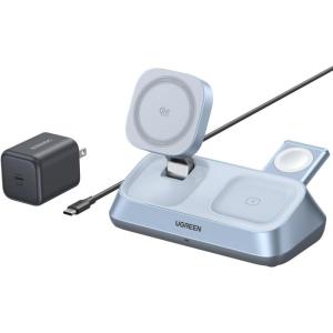 UGREEN 25W Qi2 Certified 3-in-1 Magflow Wireless Charging Stand, Magsafe Fast Wireless Charger for iPhone 17/16/15/14/13/12, AirPods and Apple Watch, Desk Stand with Adjustable Angle