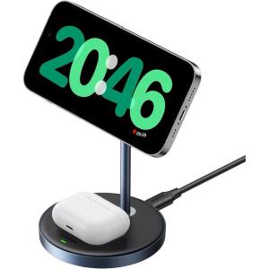 UGREEN MagFlow 2-in-1 Magnetic Wireless Charging Stand Fast Wireless Charger for iPhone 17 16 15 14 13 12 Series and AirPods, MagSafe Compatible Qi Charging Stand with 3 FT USB-C Cable (No AC Adapter)