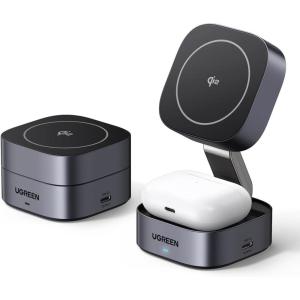UGREEN MagFlow Qi2 Magnetic Foldable Charging Station, 2-in-1 Fast Wireless Charger Compatible with iPhone 17/17 Air/17 Pro/17 Pro Max 16 15 14 13 12, Airpods3 2 Pro (No AC Adapter), Dark Grey(Dark Grey)