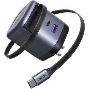 UGREEN Nexode 65W GaN USB C Retractable Charger with Built-in Cable, 2-Port Fast Charging Wall Adapter for iPhone 17/16/15, Galaxy S25/S24, Pixel 10/9/8, MacBook Pro/Air, iPad, AirPods