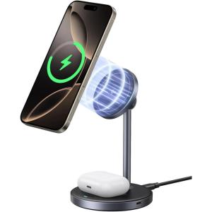 UGREEN Qi2 Certified 15W 2-in-1 Magnetic Wireless Charging Stand, Fast Charging Station for iPhone 17 16 15 14 13 12 Series and AirPods, MagSafe-Compatible Wireless Charger with 3 FT USB-C Cable