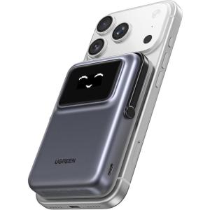 UGREEN Uno 10000mAh Magnetic Portable Charger, Qi 7.5W Wireless Power Bank, PD 20W USB C Battery Pack with Foldable Stand and TFT Display MagSafe Compatible iPhone 17/16 /15/14/13/12 Series, Black(Black)