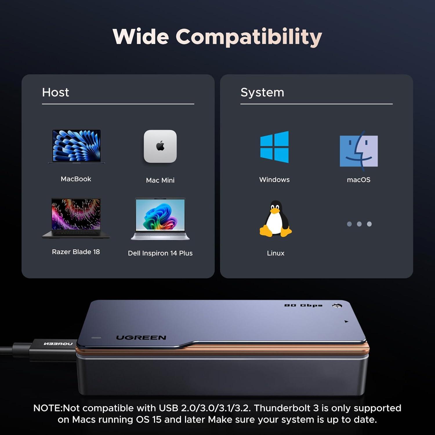 imageUGREEN 80Gbps M2 NVMe SSD Enclosure with Cooling Fan Compatible with Thunderbolt 543USB 4 MKeyMampB Key NVMe 2280 SSD up to 8TB