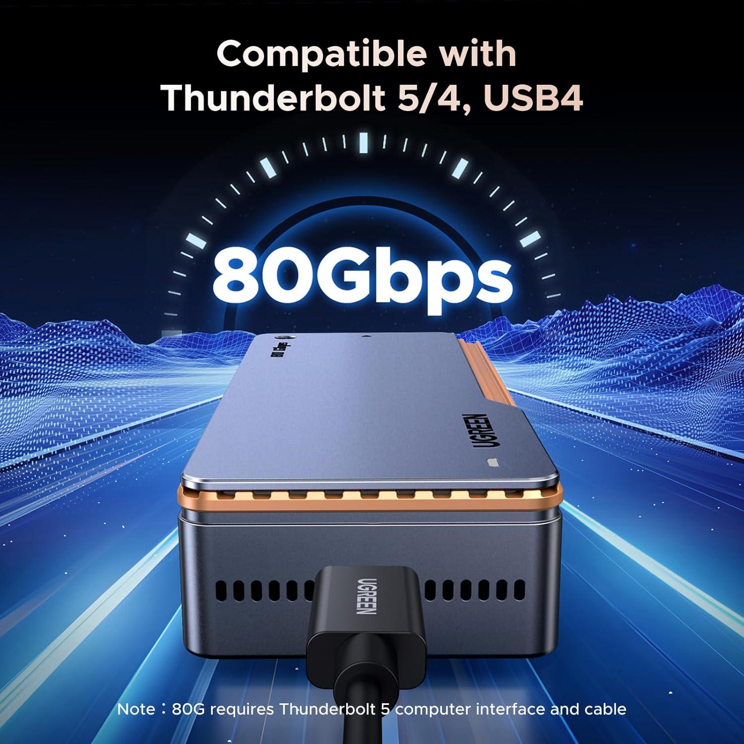 imageUGREEN 80Gbps M2 NVMe SSD Enclosure with Cooling Fan Compatible with Thunderbolt 543USB 4 MKeyMampB Key NVMe 2280 SSD up to 8TB