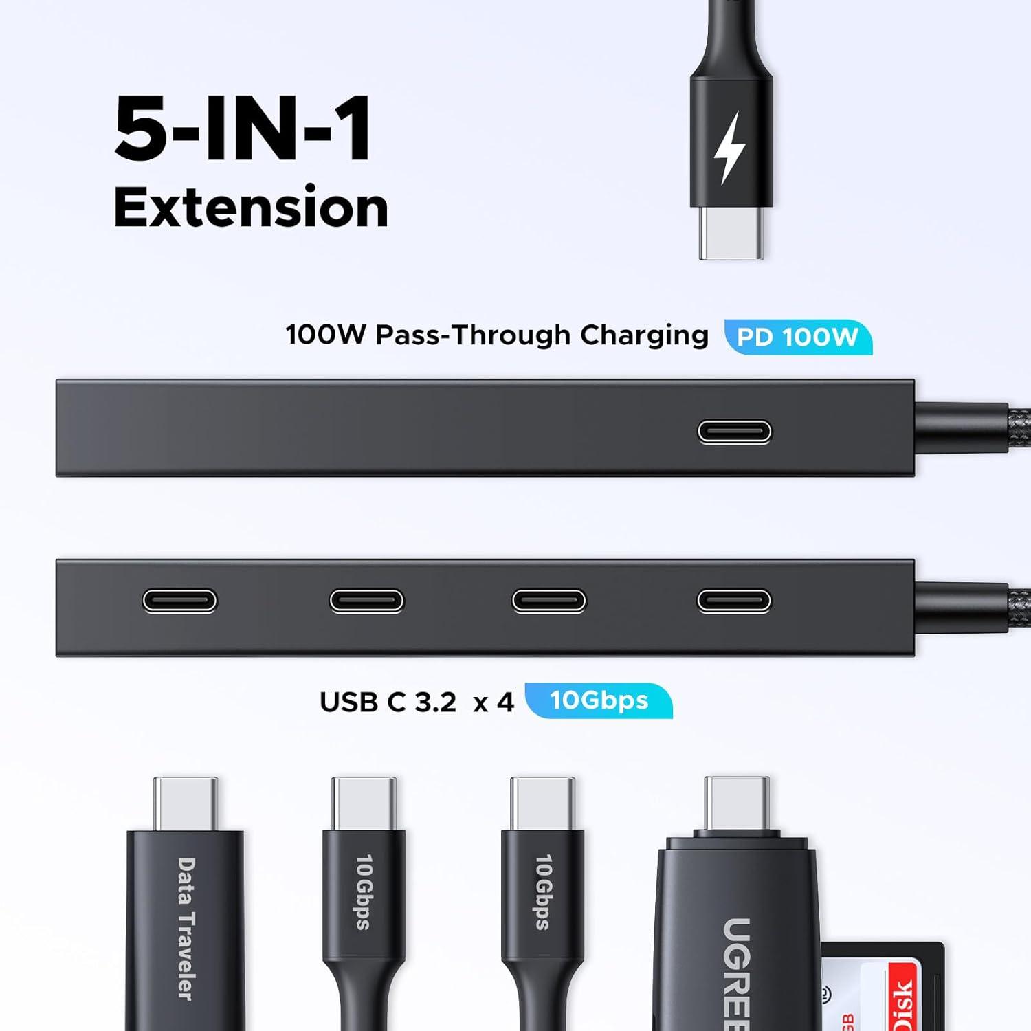 imageUGREEN Powered 100W 10Gbps USB C Hub 5 in 1 Adapter with 4 USBC 100W PD Ports for MacBookAir iPad Pro iPhone Surface Laptops and More