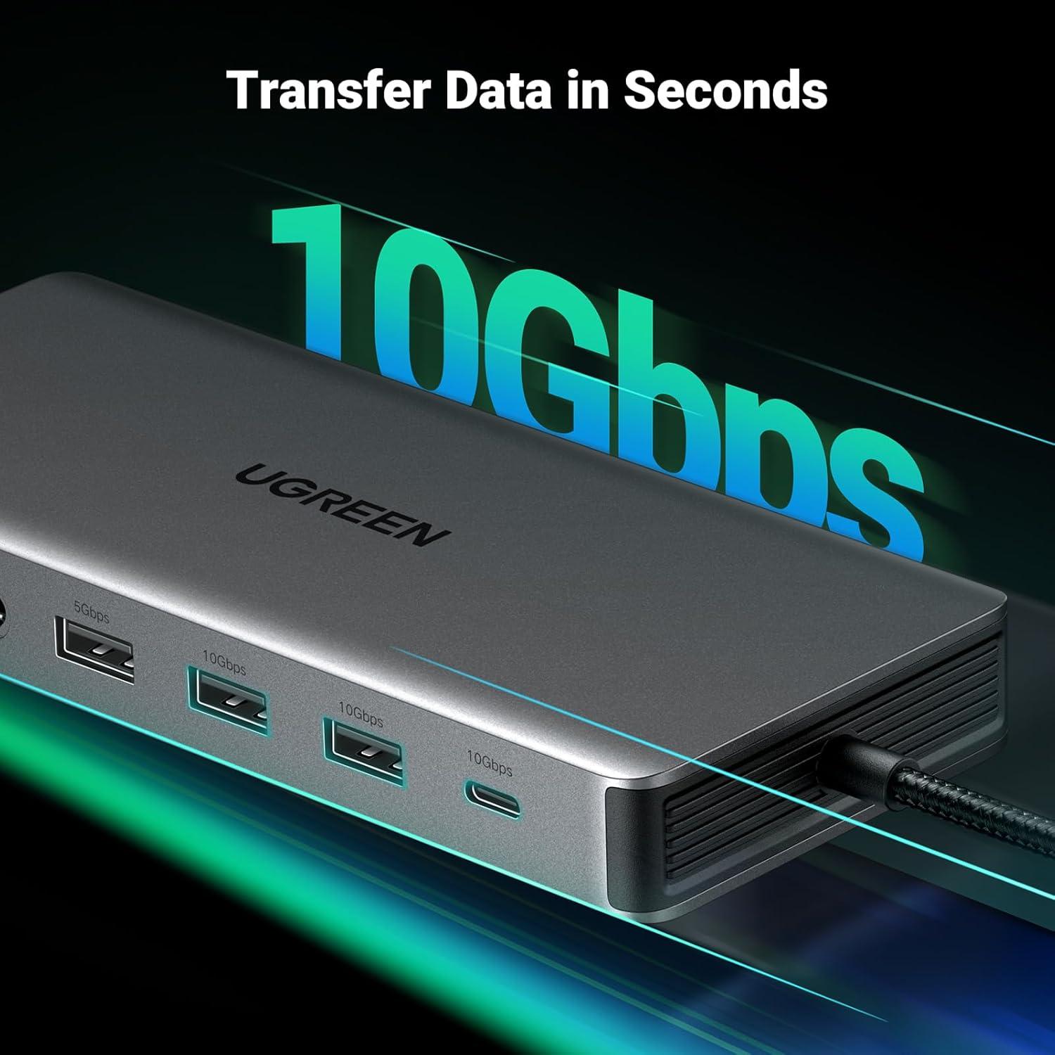 imageUGREEN Revodok Pro 313 Laptop Docking Station 13 in 1 4K Triple Display USB C Dock Dual HDMI DP 10Gbps Data Port 100W PD Gigabit Ethernet SDTF Card Reader Compatible for Thinkpad Zenbook and more