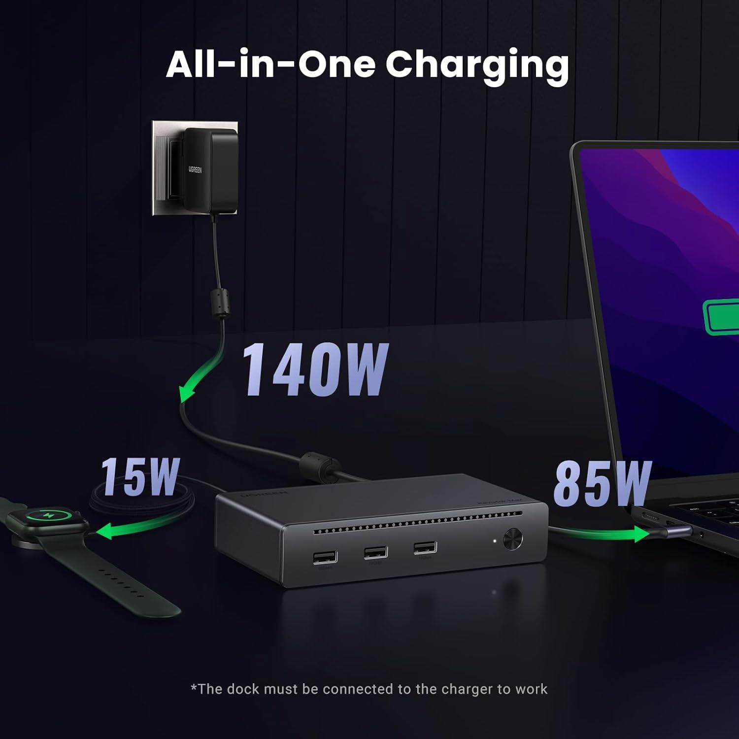 imageUGREEN Thunderbolt 4 Dock 8in1 40Gbps TB4 Hub 3 x TB 4 Dual 4K60Hz or Single 8K Display 85W Charging Gigabit Ethernet 3 x USB A 32 Revodok Max 208 for Mac M1M2M3M4 ProMax