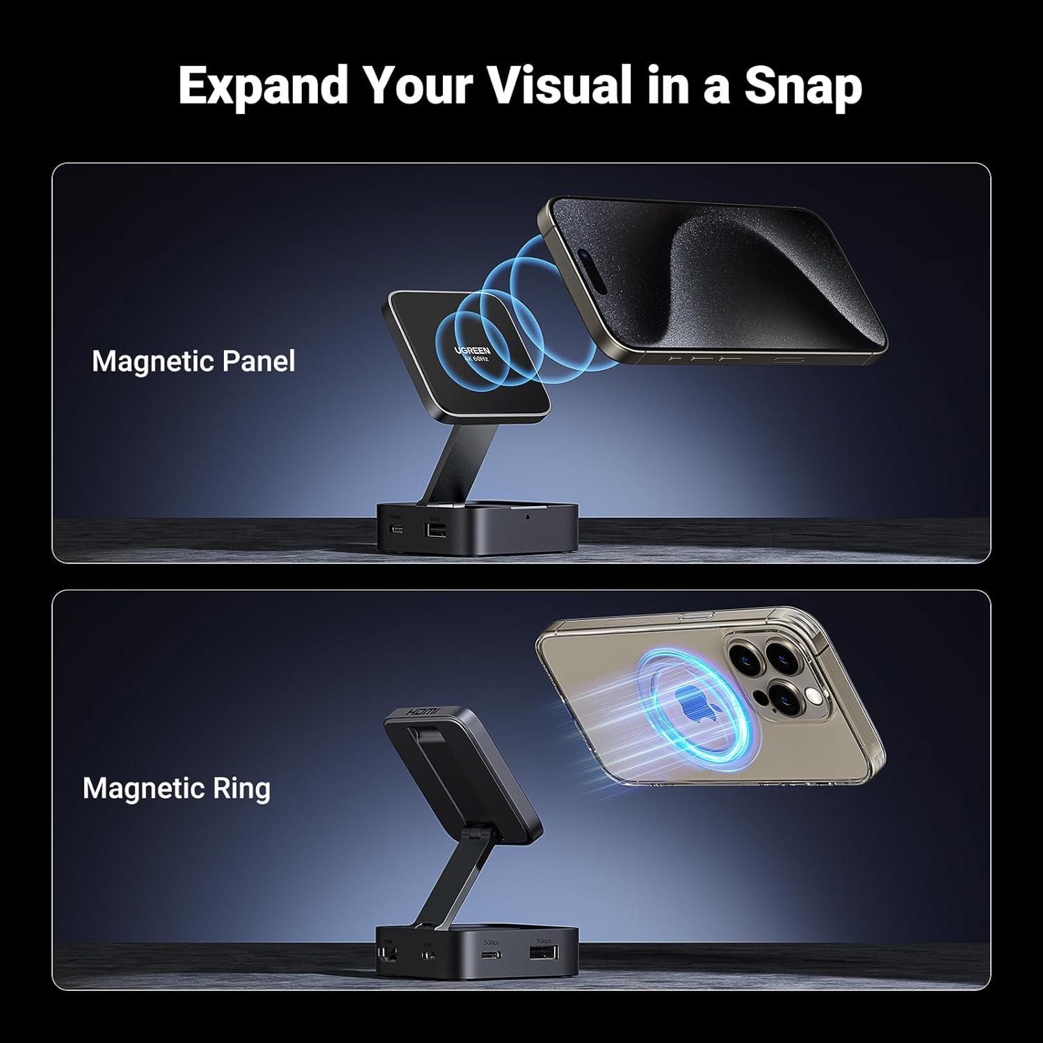 imageUGREEN USB C Hub 4in1 Magnetic Adapter 4K60Hz 100W PD Charging USBA and USBC Data Ports Foldable Portable Adapter for iPhone 171615 Series Galaxy S25 and More