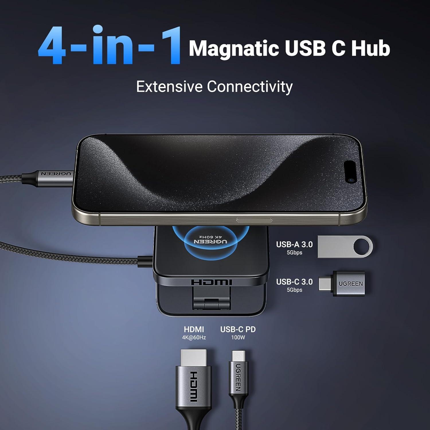 imageUGREEN USB C Hub 4in1 Magnetic Adapter 4K60Hz 100W PD Charging USBA and USBC Data Ports Foldable Portable Adapter for iPhone 171615 Series Galaxy S25 and More