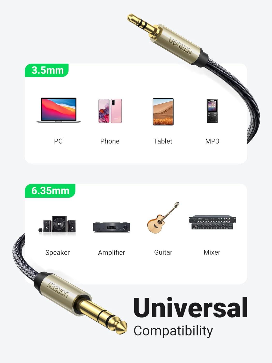 imageUGREEN 18 to 14 Stereo Cable 35mm TRS to 635mm Audio Cable Guitar to Aux Male Cord with Zinc Alloy Housing and Nylon Braid for Guitar Laptop Home Theater Devices Speaker and Amplifiers 16FT33FT