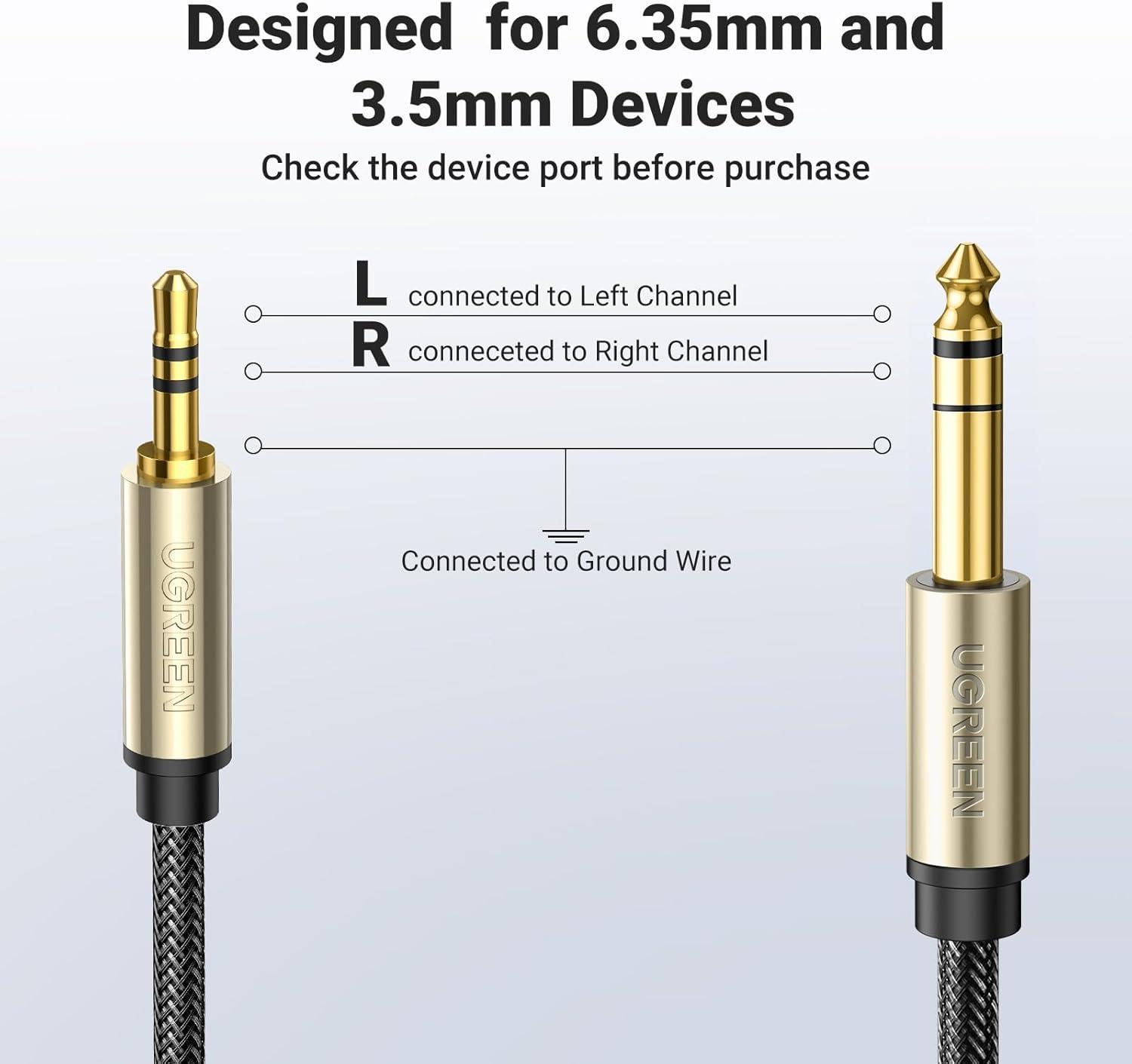 imageUGREEN 18 to 14 Stereo Cable 35mm TRS to 635mm Audio Cable Guitar to Aux Male Cord with Zinc Alloy Housing and Nylon Braid for Guitar Laptop Home Theater Devices Speaker and Amplifiers 16FT16FT