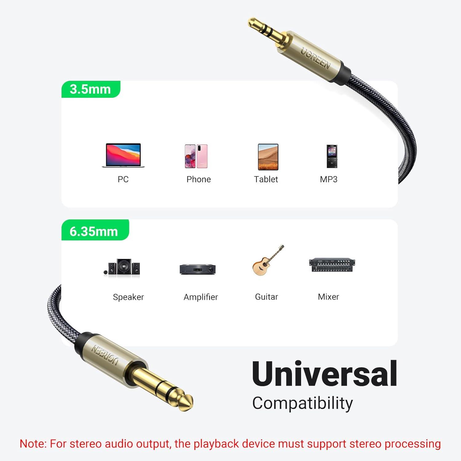imageUGREEN 18 to 14 Stereo Cable 35mm TRS to 635mm Audio Cable Guitar to Aux Male Cord with Zinc Alloy Housing and Nylon Braid for Guitar Laptop Home Theater Devices Speaker and Amplifiers 16FT16FT