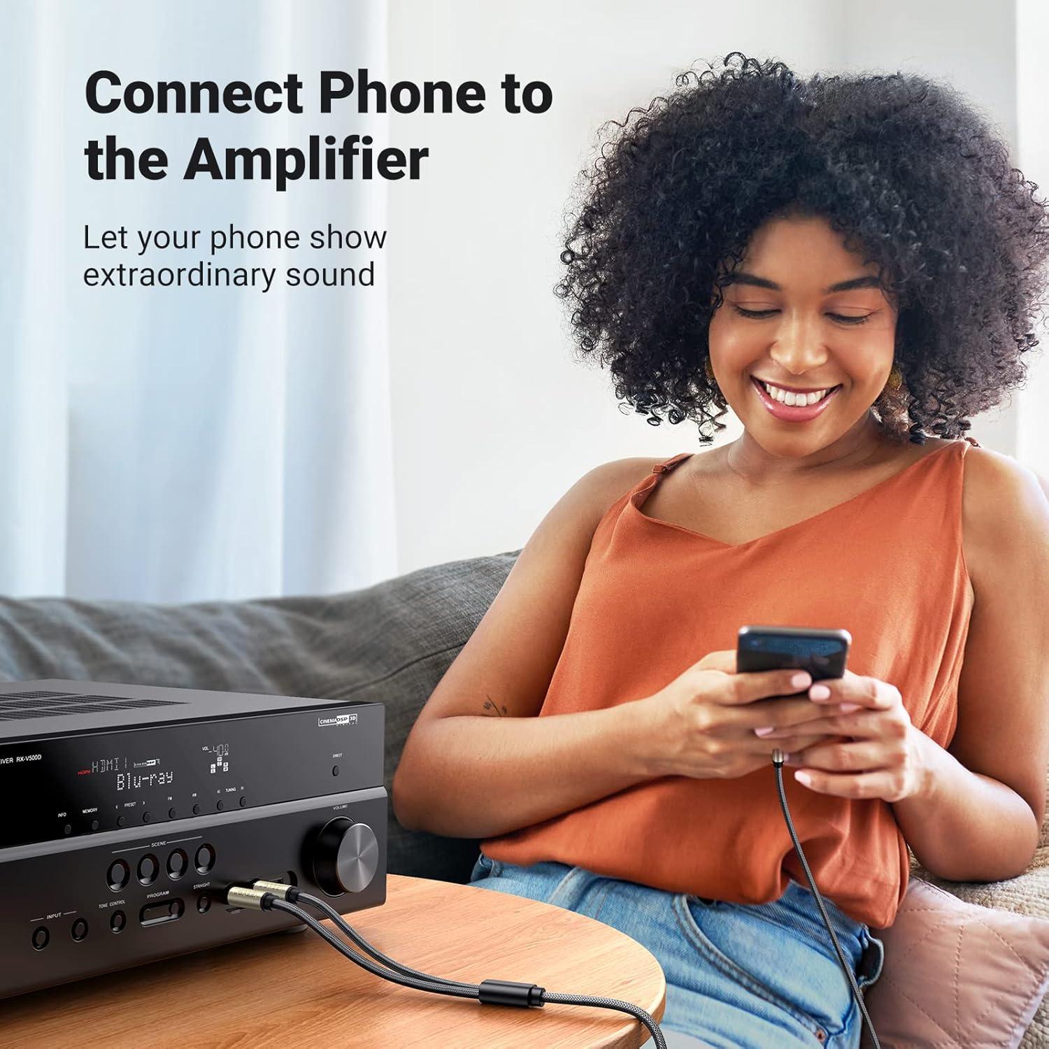 imageUGREEN 18 to 14 Stereo Cable 35mm TRS to Dual 635mm 14 TS Mono Y Splitter Audio Cord Adapter Compatible with iPhone PC Computer Sound Card Mixer Multimedia Speaker Home Stereo System 66FT10FT